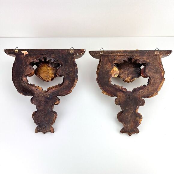PAIR OF GILT WOOD WALL SHELVES BRACKETS ITALIAN FLORENTINE ROCOCO GOLD GILT - Picture 12 of 16